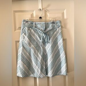 Talbots Petites Blue & White Linen Cotton A-Line skirt Double strap tie belt 8P